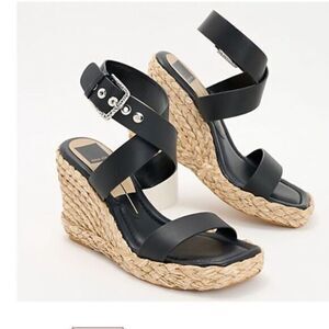 NIB Dolce Vita Women’s Aldona Black Leather Espadrille Wedge Buckle Strap - 7.5